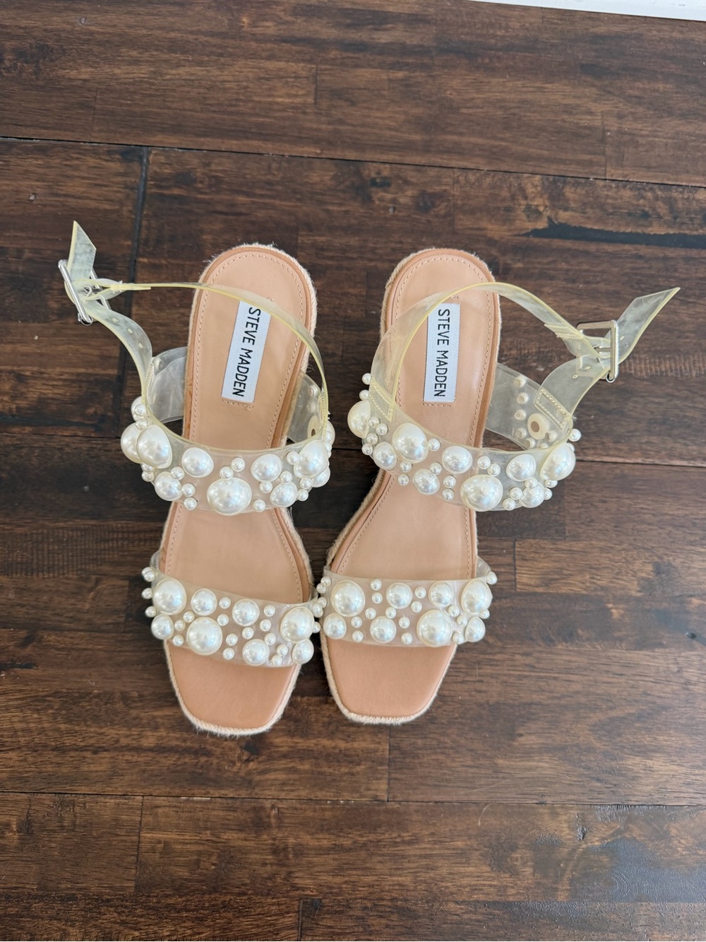 Steve Madden Pearl Embellished Clear Strap Espadrille Wedge Sandals - Picture 4 of 5